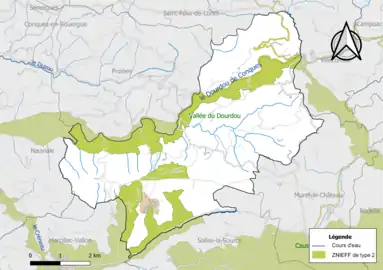 Carte de la ZNIEFF de type 2 de la commune.