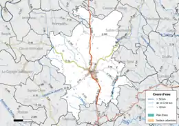 Carte en couleur présentant le réseau hydrographique de la commune