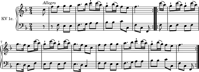 
\version "2.14.2"
\header {
  tagline = ##f
}
upper =  \relative c'' { 
         \clef "treble" 
         \tempo "Allegro" 
         \key f \major
         \time 2/4 
         \tempo 4 = 100
         \tempo "Allegro"          
         \set Staff.midiInstrument = #"dulcimer"

    \repeat volta 2 { s4. c8^\markup \italic { Allegro }
     f f g g 
     a8. bes16 c8-! c16 (a) 
     g8-! bes16 (g) f8 e
     f4.}
    \repeat volta 2 { c'16 (a) g8-!  c16 (a)  g8-! c16 (a)
     g8. f16 e8 c'16 (a)
     g8-!  c16 (a)  g8-! c16 (a)
      g8. f16 e8 c
      f f g g
      a8. bes16 c8-! c16 (a)
      g8-! bes16 (g) f8 e
      f4.
    }
      }
       
lower = \relative c {
        \clef "bass" 
        \key f \major
        \time 2/4 
        \set Staff.midiInstrument = #"harpsichord"
       
     \repeat volta 2 { s4. r8
      r8 f8 e e f8. g16 a 8 a bes bes c c,
      f c f, } 
     \repeat volta 2 {
     f'8
     e f e f
     e8. d16 c8 f
     e f e f
     e8. d16 c4
     f8 f e e
      f8. g16 a8 a
      bes bes c c,
      f c f,
     }    
} 

\score {
  \new PianoStaff <<
    \set PianoStaff.instrumentName = #"KV 1c."
    \new Staff = "upper" \upper
    \new Staff = "lower" \lower
  >>
  \layout {
    \context {
      \Score
      \remove "Metronome_mark_engraver"
    }
  }
  \midi { }
}
