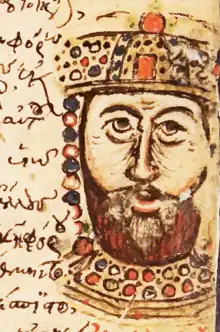 Portrait d'un homme couronné sur la page d'un manuscrit.