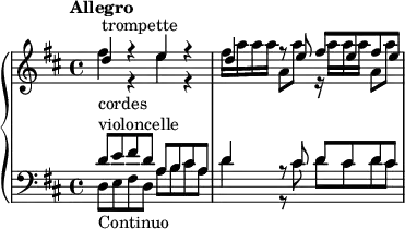  
\version "2.18.2"
\header {
  tagline = ##f
}
upper = \relative c'' {
  \clef treble 
  \key d \major
  \time 4/4
  \tempo "Allegro"
  \tempo 4 = 92
  %\override TupletBracket.bracket-visibility = ##f

   %% Scarlatti — Dixit Dominus [I] incipit
   << { d4^\markup{trompette} r4 e4 r4 | d4 r8 e8 fis e fis e } \\ { fis4_\markup{cordes} r4 e4 r4 fis16 a a a a,8 a' r16 a16 a a a,8 a'  } >>

}

lower = \relative c' {
  \clef bass
  \key d \major
  \time 4/4

   << { d8^\markup{violoncelle} e fis d a b cis a | d4 r8 cis8 d cis d cis } \\ { d,8_\markup{Continuo} e fis d a' b cis a | d4 r8 cis8 d cis d cis } >>
}

\score {
  \new PianoStaff <<
    \new Staff = "upper" \upper
    \new Staff = "lower" \lower
  >>
  \layout {
    #(layout-set-staff-size 17)
    \context {
      \Score
       \override SpacingSpanner.common-shortest-duration = #(ly:make-moment 1/2)
    }
  }
  \midi { }
}
