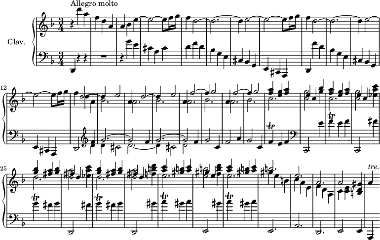 \version "2.18.2"
\header {
tagline = ##f
% composer = "Domenico Scarlatti"
% opus = "K. 510"
% meter = "Allegro molto"
}
%% les petites notes
trillF = { \tag #'print { f4\trill } \tag #'midi { g32 f g f~ f8 } }
trillA = { \tag #'print { a4\trill } \tag #'midi { b32 a b a~ a8 } }
trillG = { \tag #'print { g4\trill } \tag #'midi { a32 g a g~ g8 } }
trillAUp = { \tag #'print { a'4^\markup{ \italic "tre."} } \tag #'midi { \times 2/3 { a32 bes a~ } a8. } }
upper = \relative c'' {
\clef treble
\key d \minor
\time 3/4
\tempo 2 = 88
s8*0^\markup{Allegro molto}
r4 d'4 a | f d a | a bes e~ | e2~ e8 f16 g | f4 d2~ | d2.~ |
% ms. 7
d4 e2~ | e2~ e8 f16 g | f4 d2~ | d2.~ | d4 e2~ | e~ e8 f16 g |
% ms. 13
f4
<< { d2~ | d4 e2 | a,4 d2~ | d4 e2 | a,4 f'2~ | f4 g2 | a,4 f'2~ | f4 g2 }
\\ { d4 a | bes2. a bes a bes | a bes } >>
% ms. 20
<< { < f' a >4 < e g > < f a > | e c bes' | < f a >4 < e g > < f a > | e c }
\\ { c2. | < c g' >2 g'4 | c,2. | < c g' >2 } >> < ees a c >4
% ms. 25
<< { < g bes >4 < fis a > < g bes > | fis4 d s4 | < g bes >4 < fis a > < g bes > | fis4 d s4 | < a' c >4 < gis b > < a c > | gis e s4 }
\\ { d2. | < d a' >2 < ees a c >4 | d2. | < d a' >2 < f b d >4 | e2. | < e b' >2 < f b d >4 } >>
% ms. 31
<< { < a c >4 < gis b > < a c > | b2. e, a, | a2 }
\\ { e'2. | gis4 e b | c a e | f d a | c < c e > } >> < b d gis >4 | \trillAUp
% ms. 38
}
lower = \relative c' {
\clef bass
\key d \minor
\time 3/4
% ************************************** \appoggiatura a16 \repeat unfold 2 { } \times 2/3 { } \omit TupletNumber
d,,4 r4 r4 | R2. | r4 g''4 e | cis a cis | d f d | bes g e |
% ms. 7
cis4 bes g | e cis a | d f'' d | bes g e | cis bes g | e cis a |
% ms. 13
d2 \clef treble << { \repeat unfold 2 { f''4 | g2.~ | g2 } } \\ { d4 | d cis2 | d2.~ | d4 cis2 | d2 } >> f4 | g2 c,4 |
% ms. 19
f2 a4 | g2 c,4 | \trillF e4 f | \clef bass c,,2 e''4 | \trillF e4 f | c,,2 fis''4 |
% ms. 25
\trillG fis4 g | d,,2 fis''4 | \trillG fis4 g | d,,2 gis''4 | \trillA gis a | e,,2 gis''4 |
% ms. 31
\trillA gis4 a | e,,2. a d, | e2 e4 | a,4
% ms. 38
}
thePianoStaff = \new PianoStaff <<
\set PianoStaff.instrumentName = #"Clav."
\new Staff = "upper" \upper
\new Staff = "lower" \lower
>>
\score {
\keepWithTag #'print \thePianoStaff
\layout {
#(layout-set-staff-size 17)
\context {
\Score
\override TupletBracket.bracket-visibility = ##f
\override SpacingSpanner.common-shortest-duration = #(ly:make-moment 1/2)
\remove "Metronome_mark_engraver"
}
}
}
\score {
\keepWithTag #'midi \thePianoStaff
\midi { \set Staff.midiInstrument = #"harpsichord" }
}