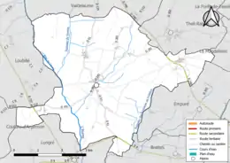 Carte en couleur présentant le réseau hydrographique de la commune