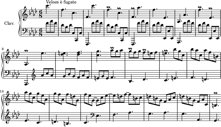 \version "2.18.2"
\header {
tagline = ##f
}
%% les petites notes
trillB = { \tag #'print { b4.\prall } \tag #'midi { c32 b c b~ b4 } }
trillC = { \tag #'print { c4.\prall } \tag #'midi { des32 c des c~ c4 } }
trillCup = { \tag #'print { c'4.\prall } \tag #'midi { des32 c des c~ c4 } }
trillCdown = { \tag #'print { c,4.\prall } \tag #'midi { des32 c des c~ c4 } }
trillFdown = { \tag #'print { f,4.\prall } \tag #'midi { g32 f g f~ f4 } }
trillFup = { \tag #'print { f'4.\prall } \tag #'midi { g32 f g f~ f4 } }
trillE = { \tag #'print { e4.\prall } \tag #'midi { f32 e f e~ e4 } }
trillEdown = { \tag #'print { ees,4.\prall } \tag #'midi { f32 ees f ees~ ees4 } }
trillFdown = { \tag #'print { f,4.\prall } \tag #'midi { g32 f g f~ f4 } }
trillAesdown = { \tag #'print { aes,4.\prall } \tag #'midi { bes32 aes bes aes~ aes4 } }
trillAesqUp = { \tag #'print { aes'8\prall } \tag #'midi { bes32 aes bes aes } }
trillGq = { \tag #'print { g8\prall } \tag #'midi { aes32 g aes g } }
trillFq = { \tag #'print { f8\prall } \tag #'midi { g32 f g f } }
upper = \relative c'' {
\clef treble
\key f \minor
\time 6/8
\tempo 4. = 98
\set Staff.midiInstrument = #"harpsichord"
\partial 4.
s8*0^\markup{Veloce è fugato}
c'4. f, c f, c''4. | \trillFdown \trillC \trillFdown | aes'4. |
% ms. 5
f4. ees, | aes, aes'4. | \trillFup \trillEdown | \trillAesdown ees''4. | < des e >4. < des f > |
% ms. 10
< c g' >4. \trillAesqUp g8 aes | \trillGq f8 g | \trillFq e8 f | \trillE bes'8 g c, | bes' aes c, aes' f b, | aes' g c, g' ees aes, |
% ms. 15
g'8 f aes, f' d g, | f' ees g,~ g c ees~ | ees d f~ f b, c | d8 b g f aes c | d b g f aes c, | \trillB
}
lower = \relative c' {
\clef bass
\key f \minor
\time 6/8
\set Staff.midiInstrument = #"harpsichord"
% **************************************
\repeat unfold 2 { f8 aes f | des bes des c, c, c' f,,4. } \repeat unfold 2 { f'''8 aes f |
% ms. 5
des8 f des ees,, ees' ees, | aes,4. } \clef treble aes'''8 c aes | g bes g f aes f |
% ms. 10
e8 g e f4. | bes, des | c e | f d | ees c |
% ms. 15
d4. b | c \clef bass ees,4. f aes g aes | g aes, |
% ms. 20
g4.
}
thePianoStaff = \new PianoStaff <<
\set PianoStaff.instrumentName = #"Clav."
\new Staff = "upper" \upper
\new Staff = "lower" \lower
>>
\score {
\keepWithTag #'print \thePianoStaff
\layout {
#(layout-set-staff-size 17)
\context {
\Score
\override SpacingSpanner.common-shortest-duration = #(ly:make-moment 1/2)
\remove "Metronome_mark_engraver"
}
}
}
\score {
\keepWithTag #'midi \thePianoStaff
\midi { }
}