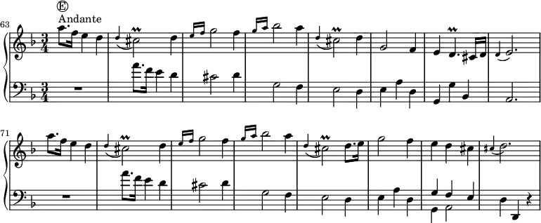 
\version "2.18.2"
\header {
  tagline = ##f
  % composer = "Domenico Scarlatti"
  % opus = "K. 282 suite"
  % meter = "Allegro"
}

%% les petites notes
trillCisb     = { \tag #'print { cis2\prall } \tag #'midi { d32 cis d cis~ cis4. } }
trillDp       = { \tag #'print { d4.\prall } \tag #'midi { e32 d e d~ d4 } }
appoCisD      = { \tag #'print { \appoggiatura cis4 d2. } \tag #'midi { cis2 d4 } }
appoCE        = { \tag #'print { \appoggiatura d4 e2. } \tag #'midi { d2 e4 } }
upper = \relative c'' {
  \clef treble 
  \key d \minor
  \time 3/4
  \tempo 4 = 96
  \set Score.currentBarNumber = #63
  \bar "||"	

      s8*0^\markup{Andante}
      s8*0^\markup { \circle { E }}
      a'8. f16  e4 d | \appoggiatura d4 \trillCisb d4 | \grace {   \tempo 4 = 66 e16 f }   \tempo 4 = 96 g2 f4 | \grace {   \tempo 4 = 66 g16 a }   \tempo 4 = 96 bes2 a4 | \appoggiatura d,4 \trillCisb d4 | g,2 f4 
      % ms. 69
      e4 \trillDp cis16 d | \appoCE | a'8. f16  e4 d | \appoggiatura d4 \trillCisb d4 | \grace {   \tempo 4 = 66 e16 f }   \tempo 4 = 96 g2 f4 | \grace {   \tempo 4 = 66 g16 a }   \tempo 4 = 96 bes2 a4 | \appoggiatura d,4 \trillCisb d8. e16 |
      % ms. 76
      g2 f4 | e d cis | \appoCisD |

}

lower = \relative c' {
  \clef bass
  \key d \minor
  \time 3/4

    % ************************************** \appoggiatura a16  \repeat unfold 2 {  } \times 2/3 { }   \omit TupletNumber 
      R2. | a'8. f16 e4 d | cis2 d4 | g,2 f4 | e2 d4 | e a d, |
      % ms. 69
      g,4 g' bes, | a2. | R2. | a''8. f16 e4 d | cis2 d4 | g,2 f4 | e2 d4 |
      % ms. 76
      e a d, | << { g4 f e } \\ { g,4 a2 } >> | d4 d, r4 | 

}

thePianoStaff = \new PianoStaff <<
    \set PianoStaff.instrumentName = #""
    \new Staff = "upper" \upper
    \new Staff = "lower" \lower
  >>

\score {
  \keepWithTag #'print \thePianoStaff
  \layout {
    indent = #0
      #(layout-set-staff-size 17)
    \context {
      \Score
     \override TupletBracket.bracket-visibility = ##f
     \override SpacingSpanner.common-shortest-duration = #(ly:make-moment 1/2)
      \remove "Metronome_mark_engraver"
    }
  }
}

\score {
  \keepWithTag #'midi \thePianoStaff
  \midi { \set Staff.midiInstrument = #"harpsichord" }
}
