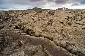 Champ de lave de l'Arnarseturshraun avec la centrale géothermique de Svartsengi en arrière plan.