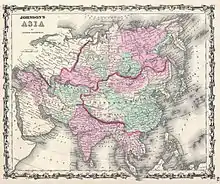 1861. Carte de l'Asie par le cartographe américain Alvin Jewett Johnson.