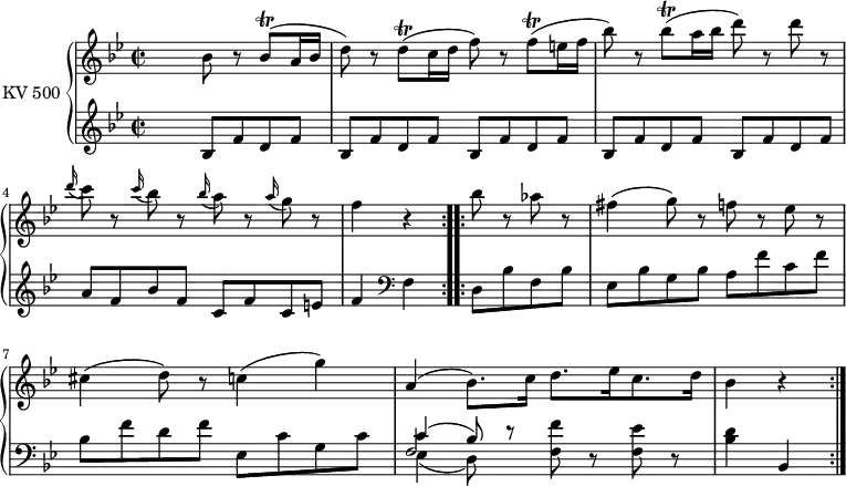 
\version "2.14.2"
\header {
  tagline = ##f
}
upper = \relative c'' { 
         \clef "treble"          
         \key bes \major
         \time 2/2 
         \tempo 4 = 130                 
         \set Staff.midiInstrument = #"piano"

  \repeat volta 2 {
    s2 bes8 r bes \trill  (a16 bes d8)
        r d \trill  (c16 d f8)  r f \trill  (e16 f bes8)
         r bes \trill  (a16 bes d8) r d r
         \grace d16 (c8) r \grace c16 (bes8) r \grace bes16 (a8) r \grace a16 (g8) r
         f4 r
          }
  \repeat volta 2 { 
    bes8 r aes r
    fis4 (g8) r f r ees r
    cis4 (d8) r c4 (g')
    a, (bes8.) c16 d8. ees16 c8. d16
    bes4 r
          
       }
}

lower = \relative c {
        \clef "bass" 
        \key bes \major
        \time 2/2
        \set Staff.midiInstrument = #"piano"
      \set Staff.midiMinimumVolume = #0.2 \set Staff.midiMaximumVolume = #0.4
  \repeat volta 2 { \clef "treble"
  s2  \repeat unfold 5 {bes'8 f' d f } 
  a f bes f c f c e
  f4  \clef "bass" f,
  
  } 
  \repeat volta 2 {
    d8 bes' f bes
    ees, bes' g bes a f' c f
    bes, f' d f ees, c' g c
    <<{\stemDown ees,4 _(d8) r } \\ {\stemUp f2} \\ {\stemUp c'4 ^ (bes8) }>>
    \stemDown  <f f'> r <f ees'> r
    <bes d>4 \stemUp  bes,
  }   
}

\score {
  \new PianoStaff <<
    \set PianoStaff.instrumentName = #"KV 500"
    \new Staff = "upper" \upper
    \new Staff = "lower" \lower
  >>
  \layout {
    \context {
      \Score
      \remove "Metronome_mark_engraver"
    }
  }
  \midi { }
}
