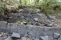 Plus au Sud : Des grès pourpres en gradins affleurent dans le lit du ruisseau de la Roche.
