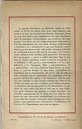 Photographie de la quatrième de couvertures d'un tract diffusé par la revue Socialisme ou barbarie