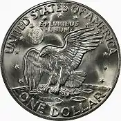 Pièce de monnaie représentant un aigle qui tient un rameau d'olivier et atterrissant sur la Lune ainsi que les inscriptions United States of America, One Dollar et E Pluribus Unum.