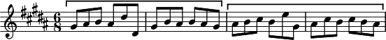 
\version "2.18.2"
\header {
  tagline = ##f
}

\score {
  \new Staff \with {

  }
<<
  \relative c'' {
    \key gis \minor
    \time 6/8

     %% SUJET fugue CBT II-18, BWV 887, sol-dièse mineur
     gis8^\markup { \stencil #(ly:bracket X '(-1 . 31) 0.2 -1) } ais b ais dis dis, | gis b ais b ais gis | ais^\markup { \stencil #(ly:bracket X '(-1 . 31) 0.2 -1) } b cis b e gis, ais cis b cis b ais
  }
>>
  \layout {
     \context { \Score \remove "Metronome_mark_engraver" 
        }
  }
  \midi {} 
}
