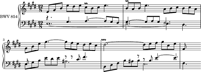 
\version "2.18.2"
\header {
  tagline = ##f
}

Prallcish     = { \tag #'print { cis8\prall } \tag #'midi { dis32 cis dis cis }  }
Prallbh       = { \tag #'print { b8\prall } \tag #'midi { cis32 b cis  b }  }
UpPralldisBp  = { \tag #'print { dis2.~^\markup{ \musicglyph #"scripts.upprall" } } \tag #'midi { cis16 dis e dis \repeat unfold 4 { e32 dis~ } | dis4~ }  }

upper = \relative c' {
    \clef treble 
    \key e \major
    \time 12/8
    \tempo 4. = 69
    \set Staff.midiInstrument = #"harpsichord" 

   %% PRÉLUDE CBT I-9, BWV 854, mi majeur
   e8 gis b e dis e \Prallcish b8 cis e4. | \Prallbh a8 b e4. a,8 b cis b cis a | gis b e gis4.~ gis8 fis e dis e cis |
   \UpPralldisBp  dis8 e fis gis cis, e fis,
   
}

lower = \relative c' {
    \clef bass 
    \key e \major
    \time 12/8
    \set Staff.midiInstrument = #"harpsichord" 

    << { r4. gis4. a~ a8 gis fis gis4.~ gis8 a gis fis2. e8 s8 s8 s4. r8 r8 cis'8 fis4. s8 s8 s4. r8 r8 b,8 e4.~ e } \\ { e,1.~ e2.~ e4. dis e8 gis b e dis e ais,2. b,8 dis fis b ais b e,2. fis4. } >>
} 


 thePianoStaff = \new PianoStaff <<
    \set PianoStaff.instrumentName = #"BWV 854"
    \new Staff = "upper" \upper
    \new Staff = "lower" \lower
  >>

\score {
  \keepWithTag #'print \thePianoStaff
  \layout {
    \context {
      \Score
      \remove "Metronome_mark_engraver"
    }
  }
}

\score {
  \keepWithTag #'midi \thePianoStaff
  \midi { }
}
