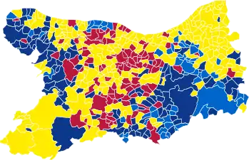 Nuance politique des candidats arrivés en tête dans chaque commune au 1er tour.