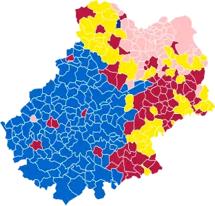 Nuance politique des candidats arrivés en tête dans chaque commune au 1er tour.