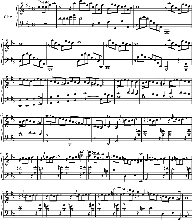 
\version "2.18.2"
\header {
  tagline = ##f
  % composer = "Domenico Scarlatti"
  % opus = "K. 480"
  % meter = "Presto"
}

%% les petites notes
trillBp      = { \tag #'print { b2\prall } \tag #'midi { cis16 b cis b cis b~   \tempo 2 = 62 b8   \tempo 2 = 92 } }
trillGis     = { \tag #'print { gis4\prall } \tag #'midi { a16 gis a   \tempo 2 = 72 gis   \tempo 2 = 92 } }

upper = \relative c'' {
  \clef treble 
  \key d \major
  \time 2/2
  \tempo 2 = 92

      s8*0^\markup{Presto}
      d4 d8 d fis 4 a | d,2 r4 a'4 | d8 a fis a d, fis a, fis' | b, g' fis e d e a, cis
      % ms. 5
      \repeat unfold 2 { d1 | r8 a'8 e cis a g' fis e } | fis1 |
      % ms. 10
      r8 a8 e cis a e' d cis | d1 | r8 a'8 e cis a g' fis e  | fis e d cis  d fis e d | cis b a gis  a cis b a |
      % ms. 15
      b8 a gis fis e s4. | \repeat unfold 2 { cis'16 d e8 d4 cis b | a16 b cis8  b4 a gis } | 
      % ms. 20
      \times 2/3 { a'8 gis fis } \omit TupletNumber \times 2/3 { e[ d cis]  b a gis fis[ e d] | cis b a } d4 \trillBp | a4  \appoggiatura d'16 \times 2/3 { c8 b c } d2 | r4 \times 2/3 { c8 b c } d2 |
      % ms. 24
      r4 \appoggiatura e16 \times 2/3 { d8 cis d } e2 | r4 \times 2/3 { d8 cis d } e2 | r4 \appoggiatura fis16 \times 2/3 { e8 d e } f2 | r4  \times 2/3 { e8 d e } < f d' >2~ | q4 < e c' >8 < d b' > << { a'4 e } \\ { c2 } >>
      % ms. 29
      \times 2/3 { f8 e d c[ b a]  } a4 \trillGis | a4 \appoggiatura d16 \times 2/3 { c8[ b c] } d2 | r4 \times 2/3 { c8 b c } d2 | r4 \appoggiatura e16 \times 2/3 { d8 cis d } e2 | r4 \times 2/3 { d8 cis d } e2 |
      % ms. 34
      r4 \appoggiatura f16 \times 2/3 { e8 d e } f2 | r4 \times 2/3 { e8 d e } < f d' >2~  | q4 < e c' >8 < d b' > << { a'4 e } \\ { c2 } >> | \times 2/3 { f8 e d c[ b a]  } a4 \trillGis | a1*1/4
      % ms. 39
      

}

lower = \relative c' {
  \clef bass
  \key d \major
  \time 2/2

    % ************************************** \appoggiatura a16  \repeat unfold 2 {  } \times 2/3 { }   \omit TupletNumber 
      R1 | d4 d8 d fis4 a | d,2 r4 fis,4 | g g, a' a, | 
      % ms. 5
      \repeat unfold 2 { d8 d' fis d a fis d a | a,1 } | d'8 d' fis d a fis d d, |
      % ms. 10
      cis1 | r8 b''8 d b gis e b e, | a,2 r4 < a a' >4 | < d d' > < e e' > < fis fis' > < gis gis' > | < a a' > < b b' > < cis cis' > < d d' >
      % ms. 15
      < e e' >2~ e8 d' cis b | \repeat unfold 2 { << { e4 fis e d | cis d cis b } \\ { a1 a } >> }
      % ms. 20
      < a, a' >2 < d, d' > | e' e, | a \repeat unfold 2 { r4 < a' f' >4 |
      % ms. 24
      < a e' >2 } \repeat unfold 2 { r4 < a g' >4 | < a f' >2 } | \repeat unfold 2 { r4 < a gis' >4 | < a a' >2 } r4 c4 |
      % ms. 29
      d4 d, e e, | a2 \repeat unfold 2 { r4 < a' f' >4 |
      % ms. 24
      < a e' >2 } \repeat unfold 2 { r4 < a g' >4 |
      % ms. 34
      < a f' >2 } | \repeat unfold 2 { r4 < a gis' >4 | < a a' >2 } r4 c4 | d4 d, e e, | a8
      % ms. 39
      

}

thePianoStaff = \new PianoStaff <<
    \set PianoStaff.instrumentName = #"Clav."
    \new Staff = "upper" \upper
    \new Staff = "lower" \lower
  >>

\score {
  \keepWithTag #'print \thePianoStaff
  \layout {
      #(layout-set-staff-size 17)
    \context {
      \Score
     \override TupletBracket.bracket-visibility = ##f
     \override SpacingSpanner.common-shortest-duration = #(ly:make-moment 1/2)
      \remove "Metronome_mark_engraver"
    }
  }
}

\score {
  \keepWithTag #'midi \thePianoStaff
  \midi { \set Staff.midiInstrument = #"harpsichord" }
}
