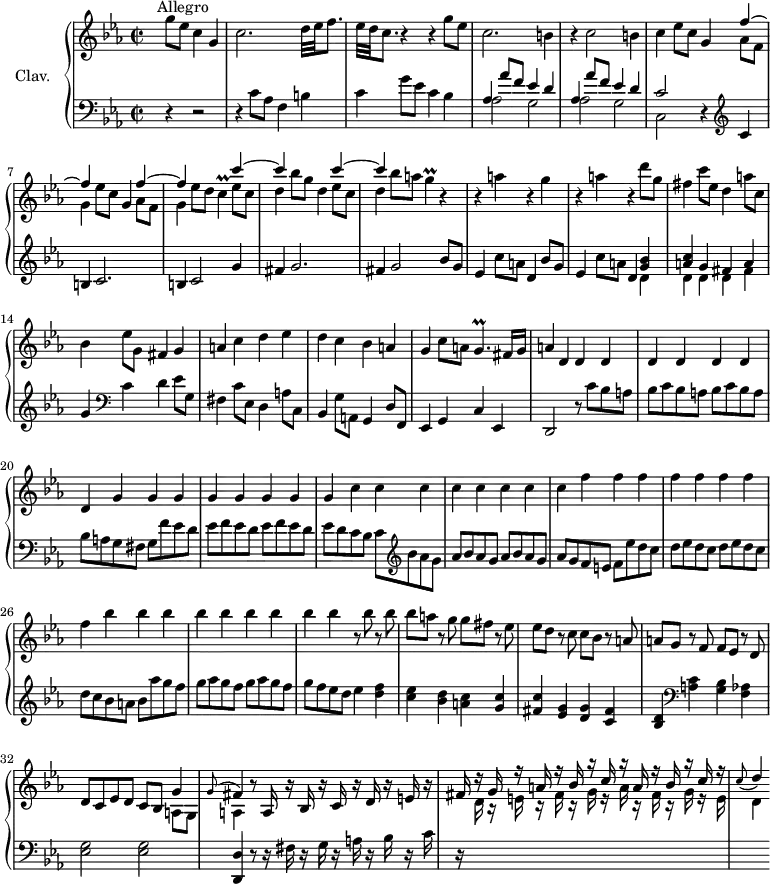 
\version "2.18.2"
\header {
  tagline = ##f
  % composer = "Domenico Scarlatti"
  % opus = "K. 230"
  % meter = "Allegro"
}

%% les petites notes
trillC       = { \tag #'print { c4\prall } \tag #'midi { \times 2/3 { d16 c d } c8 } }
trillG       = { \tag #'print { g4\prall } \tag #'midi { \times 2/3 { a16 g a } g8 } }
trillGp      = { \tag #'print { g4.\prall } \tag #'midi { a16 g a g a g } }
appoGFis     = { \tag #'print { \appoggiatura g8 fis4 } \tag #'midi {   \tempo 2 = 62 g4   \tempo 2 = 40 fis8   \tempo 2 = 92 } }
appoCD       = { \tag #'print { \appoggiatura c8 d4  } \tag #'midi {   \tempo 2 = 62 c4   \tempo 2 = 40 d8   \tempo 2 = 92 } }

upper = \relative c'' {
  \clef treble 
  \key c \minor
  \time 2/2
  \tempo 2 = 92
  \set Staff.midiInstrument = #"harpsichord"
  \override TupletBracket.bracket-visibility = ##f

      s8*0^\markup{Allegro}
      s4 g'8 ees c4 g | c2. d32 ees f8. | ees32 d c8. r4 r4 g'8 ees | c2. b4 | r4 c2 b4 |
      % ms. 6
      c4 \repeat unfold 2 { ees8 c g4 << { f'4~ | f } \\ { aes,8 f | g4 } >> } ees'8 d \trillC << { c'4~ | c s2 | c4~ | c } \\ { ees,8 c | d4 bes'8 g d4 ees8 c | d4 } >> bes'8 a \trillG r4 |
      % ms. 11
      r4 a4 r4 g4 | r4 a4 r4 d8 g, | fis4 c'8 ees, d4 a'8 c, | bes4 ees8 g, fis4 g | a c d ees | 
      % ms. 16
      d4 c bes a | g c8 a \trillGp fis16 g | a4 \repeat unfold 8 { d,4 }
      % ms. 20 suite…
      \repeat unfold 8 { g4 } \repeat unfold 8 { c4 } \repeat unfold 8 { f4 }
      % ms. 26…
      \repeat unfold 8 { bes4 } bes4 r8 bes8 r8 bes8 | bes a r8 g8 g fis r8 ees8 | ees d r8 c8 c bes r8 a8 |
      % ms. 31
      a8 g r8 f8 f ees r8 d8 | d c ees d c bes << { g'4 \appoGFis } \\ { a,8 g | a4 } >> r8 a16 r16 bes16  r16 c16  r16 d16  r16 e  r16 | 
      % ms. 34
      \stemUp fis16 r16  g16 r16  a16 r16  bes16 r16  c16 r16 a16 r16  bes16 r16  c16 r16 | \appoCD  

}

lower = \relative c' {
  \clef bass
  \key c \minor
  \time 2/2
  \set Staff.midiInstrument = #"harpsichord"
  \override TupletBracket.bracket-visibility = ##f

    % **************************************
      s4 r4 r2 | r4 c8 aes f4 b | c g'8 ees c4 bes | \repeat unfold 2 { << { aes4 aes'8 f ees4 d } \\ { aes2 g } >> }
      % ms. 6
      << { c2 } \\ { c,2 } >> r4   \clef treble  c'4 | b c2. | b4 c2 g'4 | fis g2. | fis4 g2 \repeat unfold 2 { bes8 g |
      % ms. 11
      ees4 c'8 a d,4 } << { < g bes >4 | < a c > g fis  a } \\ { d, | d d d fis } >> | g4  \clef bass c, d ees8 g, | fis4 c'8 ees,  d4  a'8 c, |
      % ms. 16
      bes4 g'8 a, g4 d'8 f, | ees4 g c ees, | d2 r8 c''8 bes a | \repeat unfold 2 { bes c bes a } | bes a g fis g f' ees d |
      % ms. 21
      \repeat unfold 2 { ees8 f ees d } | ees d c bes c  \clef treble  bes' aes g | \repeat unfold 2 { aes bes aes g } | aes g f e f ees' d c  | \repeat unfold 2 { d8 ees d c } | 
      % ms. 26
      d8 c bes a bes aes' g f | \repeat unfold 2 { g aes g f } | g f ees d ees4 < d f > | < c ees > < bes d > < a c > < g c > < fis c' > < ees g > < d g > < c fis >
      % ms. 31
      < bes d >   \clef bass < a c > < g bes > < f aes > | < ees g >2 q | < d, d' >4 r8 r16 fis'16 r16 g r16 a r16 bes r16 c |
      % ms. 34
      r16 \stemDown \change Staff = "upper" d16 r16 e16 r16 fis16 r16 g16 r16 a16 r16 fis16 r16 g16 r16 e16 | d4 

}

thePianoStaff = \new PianoStaff <<
    \set PianoStaff.instrumentName = #"Clav."
    \new Staff = "upper" \upper
    \new Staff = "lower" \lower
  >>

\score {
  \keepWithTag #'print \thePianoStaff
  \layout {
      #(layout-set-staff-size 17)
    \context {
      \Score
     \override SpacingSpanner.common-shortest-duration = #(ly:make-moment 1/2)
      \remove "Metronome_mark_engraver"
    }
  }
}

\score {
  \keepWithTag #'midi \thePianoStaff
  \midi { }
}
