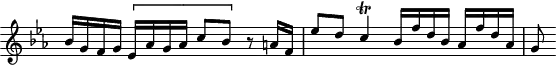 
\version "2.18.2"
\header {
  tagline = ##f
}

\score {
  \new Staff \with {
    \remove "Time_signature_engraver"
    fontSize = #-1
  }
<<
  \relative c'' {
    \key ees \major
    \time 4/4

     %% SUJET fugue CBT I-7, BWV 852, mi-bémol majeur
     \stemUp bes16 g f g \[ ees aes g aes c8 bes \] r8 a16 f ees'8 d c4\trill bes16 f' d bes aes f' d aes g8 

  }
>>
  \layout {
     \context { \Score \remove "Metronome_mark_engraver" 
     \consists "Horizontal_bracket_engraver"
     }
  }
  \midi {} 
}
