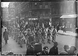 Soldats des 33e et 43e&nbsp;RI défilant à Paris le 20 février 1922, portant les drapeaux des régiments dissous.