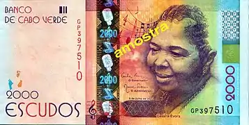 Nouveau billet de 2 000 $ : Cesaria Evora (avers)