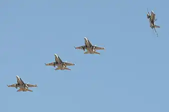 Formation de F/A-18 de la Staffel 11&nbsp;(en) au Tiger Meet 2016 à la base aérienne de Saragosse&nbsp;(es).