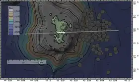 Carte topographique et bathymétrique de Mayotte avec l'essaim de séismes de 2018-2019 indiquant la position du Fani Maoré à l'endroit de la plus grande concentration des épicentres ; la ligne correspond à la coupe topographique).