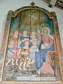 Panneau peint de sainte Félicité faisant l'éducation religieuse aux Sept saints fondateurs de la Bretagne.