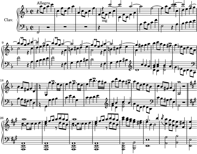 
\version "2.18.2"
\header {
  tagline = ##f
}

%% les petites notes
trillAq     = { \tag #'print { a8\prall } \tag #'midi { bes32 a bes a } }
trillFq     = { \tag #'print { f8\prall } \tag #'midi { g32 f g f } }
trillFis    = { \tag #'print { fis4\prall } \tag #'midi { g32 fis g fis~ fis8 } }
trillFp     = { \tag #'print { f4.\prall } \tag #'midi { g32 f g f~ f4 } }
trillBp     = { \tag #'print { b4.\prall } \tag #'midi { c32 b c b~ b4 } }
trillGis    = { \tag #'print { gis4\prall } \tag #'midi { a32 gis a gis~ gis8 } }
trillAbDown = { \tag #'print { a,2\prall } \tag #'midi { bes32 a bes a~ a8~ a4 } }


upper = \relative c'' {
  \clef treble 
  \key f \major
  \time 2/2
  \tempo 2 = 82
  \set Staff.midiInstrument = #"harpsichord"
  \override TupletBracket.bracket-visibility = ##f

      s8*0^\markup{Allegro}
      r4 a'8 f a4 c | c, f8 c f4 a | a, c8 a c4 f | f, e'4\rest  \stemUp c'2~ c a~ | \stemNeutral
      % ms. 6
      a2 f2~ | f4 a8 f 
      << { c'2~ | c bes~ | bes4 \trillAq g8 a4 c~ | c2 bes~ | bes4 \trillAq g8 a2~ | a g2~ | g4 \trillFq e8 f4 a~ | a2 g~ | g4 } 
      \\ { c4 \repeat unfold 2 { c, | d e f g | c,2 r4 }   a4 | b cis d e | a,2 r4 a4 | b cis d e | a,4 } >> fis'4 g a |
      % ms. 16
      bes4 c8 a g4 \trillFis | g4 ees8 c d4 c8 a | bes4 a8 fis g4 d \bar "||" \key c \major g,4 g''4 \trillFp e16 d | e4 g \trillFp e16 d |
      % ms. 21
      e4 c' \trillBp a16 gis | a4 d8 b a4 \trillGis | a4 f8 d e4 d8 b | c4 b8 gis a4 e | \trillAbDown r2   \bar "||" \key a \major 
      % ms. 26
      \repeat unfold 2 { << { < a' a' >1 | < cis e >4 fis8 gis a b a gis } \\ { cis,4 cis8. cis16 cis4 d | a2 r8 d8 cis b  } >> } | < a' cis >4 < gis b >8 < fis a > < e gis >4 < dis fis >
      % ms. 31
      << { gis2. b4 } \\ { e,4 b4 b2 } >> \acciaccatura b'8 < cis, a' >4 < b gis' >8 < a fis' > < gis e' >4 < fis dis' > | < e e' >4 s4

}

lower = \relative c' {
  \clef bass
  \key f \major
  \time 2/2
  \set Staff.midiInstrument = #"harpsichord"
  \override TupletBracket.bracket-visibility = ##f

    % ************************************** \appoggiatura \repeat unfold 2 {  } \times 2/3 { }
      f,,2 r2 | R1*2 | r4 \stemDown \change Staff = "upper" a''8-\markup{mg} f a4 c | c, f8 c f4 a |  \change Staff = "lower"
      % ms. 6
      a,4 c8 a c4 f | f,2 \repeat unfold 2 { r4 a4 | bes c d e | f2 }
      % ms. 11 fin
      r4 f,4 g a bes cis | d2 r4 f,4 g a bes cis |   \clef treble  << { s4 c'4 bes a | < g bes > < a c > bes a } \\ { d,1 | d4 c < d g >2 } >> g4 ees8 c d4 c8 a |    \clef bass  bes4 a8 fis g4 d | \key c \major
      % ms. 17
      g,4 g' a b c e d g, | 
      % ms. 21
      c4 c d e |  \clef treble  << { a4 b c b } \\ { f4 d < e a >2 } >> a4 f8 d e4 d8 b |   \clef bass c4 b8 gis a4 e | a,2 r2 |   \key a \major
      % ms. 26
      \repeat unfold 4 { < a, e' a >1 } q2 < b b' >2 |
      % ms. 31
      < e e' >1 | < a a' >2 < b b' > < e, e' >2

}

thePianoStaff = \new PianoStaff <<
    \set PianoStaff.instrumentName = #"Clav."
    \new Staff = "upper" \upper
    \new Staff = "lower" \lower
  >>

\score {
  \keepWithTag #'print \thePianoStaff
  \layout {
      #(layout-set-staff-size 17)
    \context {
      \Score
     \override SpacingSpanner.common-shortest-duration = #(ly:make-moment 1/2)
      \remove "Metronome_mark_engraver"
    }
  }
}

\score {
  \keepWithTag #'midi \thePianoStaff
  \midi { }
}
