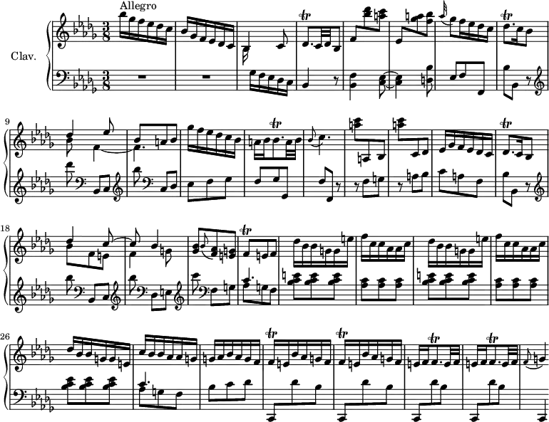 
\version "2.18.2"
\header {
  tagline = ##f
  % composer = "Domenico Scarlatti"
  % opus = "K. 131"
  % meter = "Allegro"
}

%% les petites notes
trillDesqp      = { \tag #'print { des8.\trill } \tag #'midi { ees32 des ees des~ des16 } }
trillBesqp      = { \tag #'print { bes8.\trill } \tag #'midi { c32 bes c bes~ bes16 } }
trillFqq        = { \tag #'print { f16\trill } \tag #'midi { \times 2/3 { f32 ees f } } }

upper = \relative c'' {
  \clef treble 
  \key bes \minor
  \time 3/8
  \tempo 4. = 68
  \set Staff.midiInstrument = #"harpsichord"
  \override TupletBracket.bracket-visibility = ##f

      s8*0^\markup{Allegro}
      bes'16 ges f ees des c | bes ges f ees des c | << { bes4 } \\ { bes16 } >> c8 | \trillDesqp c32 des bes8 | \stemUp f'8 \stemDown   < bes' des > < a c > \stemUp ees, \stemDown < ges' a > < f bes >
      % ms. 7
      \appoggiatura aes32 ges8 f16 ees des c  | \trillDesqp c16 bes8 | << { des4 ees8 | bes a bes } \\ { bes8 f4~ | f4. } >> | ges'16 f ees des c bes | a bes \trillBesqp a32 bes 
      % ms. 13
      \appoggiatura bes8 c4. | \stemDown < a' c >8 \stemUp a,, bes | \stemDown < a'' c > \stemUp c,, des | \stemNeutral ees16 ges f ees des c | \trillDesqp c16 bes8 | << { des'4 c8~ | c bes4 } \\ { bes8 f e | f4 g8 } >>
      % ms. 20
      < ges bes >8 \appoggiatura bes8 < f aes > < e g > | f8\trill e8 f | \repeat unfold 2 { des'16 bes bes g g e' | f c c aes aes c } | 
      % ms. 26
      des16 bes bes g g e | c' bes bes aes aes g | g aes bes aes g f | \repeat unfold 2 { \trillFqq e16 bes' aes g f } | \repeat unfold 2 { e16 f f8.\trill e32 f }
      % ms. 33
      \appoggiatura f8 g4

}

lower = \relative c' {
  \clef bass
  \key bes \minor
  \time 3/8
  \set Staff.midiInstrument = #"harpsichord"
  \override TupletBracket.bracket-visibility = ##f

    % ************************************** \appoggiatura a16  \repeat unfold 2 {  } \times 2/3 { }   \omit TupletNumber 
      R4.*2 | s16 ges16 f ees des c | bes4 r8 | < bes f' >4 < c ees >8~ | q4 < d bes' >8 |
      % ms. 7
      ees8 f f, | bes' bes, r8 |   \clef treble  des'''8   \clef bass  bes,,,8[ c] | \clef treble  bes'''8  \clef bass  c,,,8[ des] | ees f ges | f ges ges, |
      % ms. 13
      f'8 f, r8 | r8 f'8 g | r8 a bes | c a f | bes bes, r8 | \clef treble  bes'''8 \clef bass  bes,,,8[ c] | \clef treble  bes'''8 \clef bass  des,,,8[ e] |
      % ms. 20
      \clef treble  c'''8 \clef bass  f,,,8[ g] | << { c4. } \\ { aes8 g f } >> | \repeat unfold 2 { < bes c e >8 q q | < aes c > q q } |
      % ms. 26
      < bes c ees >8 q q | << { c4. } \\ { aes8 g f } >> | bes8 c des | \repeat unfold 4 { \stemUp c,, \stemDown des'' bes } | \stemUp
      % ms. 29
      c,,4 

}

thePianoStaff = \new PianoStaff <<
    \set PianoStaff.instrumentName = #"Clav."
    \new Staff = "upper" \upper
    \new Staff = "lower" \lower
  >>

\score {
  \keepWithTag #'print \thePianoStaff
  \layout {
      #(layout-set-staff-size 17)
    \context {
      \Score
     \override SpacingSpanner.common-shortest-duration = #(ly:make-moment 1/2)
      \remove "Metronome_mark_engraver"
    }
  }
}

\score {
  \keepWithTag #'midi \thePianoStaff
  \midi { }
}
