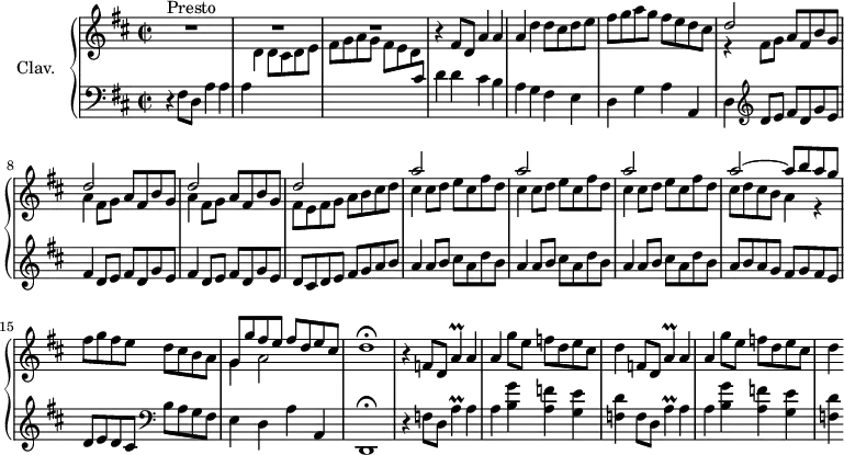 \version "2.18.2"
\header {
tagline = ##f
% composer = "Domenico Scarlatti"
% opus = "K. 388"
% meter = "Presto"
}
%% les petites notes
trillApUp = { \tag #'print { a'4\prall } \tag #'midi { b32 a b a~ a8 } }
upper = \relative c'' {
\clef treble
\key d \major
\time 2/2
\tempo 2 = 72
\set Staff.midiInstrument = #"harpsichord"
\override TupletBracket.bracket-visibility = ##f
s8*0^\markup{Presto}
R1*3 | r4 fis,8 d a'4 a |
% ms. 5
a4 d d8 cis d e | fis g a g fis e d cis | << { d2 } \\ { r4 fis,8 g } >> a8 fis b g | \repeat unfold 2 { << { d'2 } \\ { a4 fis8 g } >> a8 fis b g } |
% ms. 10
<< { d'2 } \\ { fis,8 e fis g a b cis d } >> | \repeat unfold 3 { << { a'2 } \\ { cis,4 cis8 d e cis fis d } >> }
% ms. 14
<< { a'2~ a8 b a g } \\ { cis,8 d cis b a4 r4 } >> fis'8 g fis e d cis b a | << { g8 g' fis e fis d e cis } \\ { g4 a2 } >> d1\fermata
% ms. 18
r4 \repeat unfold 2 { f,8 d \trillApUp a4 | a g'8 e f d e cis | d4 }
}
lower = \relative c' {
\clef bass
\key d \major
\time 2/2
\set Staff.midiInstrument = #"harpsichord"
\override TupletBracket.bracket-visibility = ##f
% ************************************** \appoggiatura a16 \repeat unfold 2 { } \times 2/3 { } \omit TupletNumber
r4 fis,8 d a'4 a | a \stemDown \change Staff = "upper" d d8 cis d e | fis g a g fis e d \stemNeutral \change Staff = "lower" cis | d4 d cis b |
% ms. 5
a4 g fis e | d g a a, | d \clef treble d'8 e fis d g e | \repeat unfold 2 { fis4 d8 e fis d g e } |
% ms. 10
d8 cis d e fis g a b | \repeat unfold 3 { a4 a8 b cis a d b } |
% ms. 14
a8 b a g fis g fis e | d e d cis \clef bass b a g fis | e4 d a' a, | d,1\fermata |
% ms. 18
r4 \repeat unfold 2 { f'8 d \trillApUp a4 | a < b g' > < a f' > < g e' > | < f d' > } |
}
thePianoStaff = \new PianoStaff <<
\set PianoStaff.instrumentName = #"Clav."
\new Staff = "upper" \upper
\new Staff = "lower" \lower
>>
\score {
\keepWithTag #'print \thePianoStaff
\layout {
#(layout-set-staff-size 17)
\context {
\Score
\override SpacingSpanner.common-shortest-duration = #(ly:make-moment 1/2)
\remove "Metronome_mark_engraver"
}
}
}
\score {
\keepWithTag #'midi \thePianoStaff
\midi { }
}