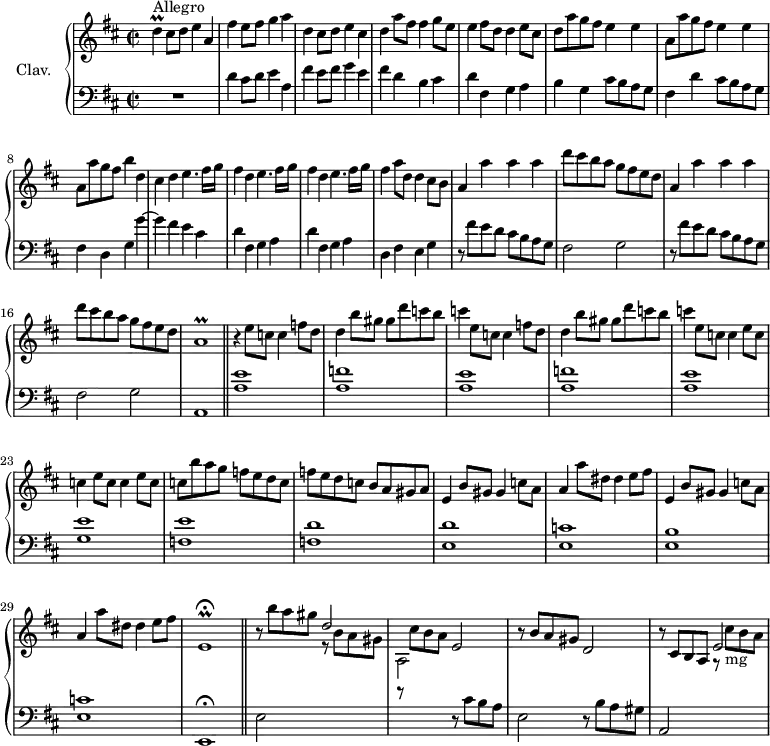 
\version "2.18.2"
\header {
  tagline = ##f
  % composer = "Domenico Scarlatti"
  % opus = "K. 352"
  % meter = "Allegro"
}

%% les petites notes
trillEr      = { \tag #'print { e,1\prall\fermata } \tag #'midi { \times 2/3 { fis16 e fis e fis e~ } \tempo 2 = 60 e2.   \tempo 2 = 76 } }
trillAr      = { \tag #'print { a1\prall } \tag #'midi { \times 2/3 { b16 a b a b a~ }  \tempo 2 = 60 a2.   \tempo 2 = 76 } }
trillD       = { \tag #'print { d4\prall } \tag #'midi { \times 2/3 { e16 d e } d8 } }

upper = \relative c'' {
  \clef treble 
  \key d \major
  \time 2/2
  \tempo 2 = 76

      s8*0^\markup{Allegro}
      \trillD cis8 d e4 a, | fis' e8 fis g4 a | d, cis8 d e4 cis | d a'8 fis fis4 g8 e |
      % ms. 5
      e4 fis8 d d4 e8 cis | d \repeat unfold 2 { a' g fis e4 e | a,8 } a' g fis b4 d, |
      % ms. 9
      cis4 \repeat unfold 3 { d e4. fis16 g | fis4 } a8 d, d4 cis8 b |
      % ms. 13
      \repeat unfold 2 { a4 a' a a | d8 cis b a g fis e d } | \trillAr 
      % ms. 18
      r4 \repeat unfold 2 { e'8 c c4 f8 d | d4 b'8 gis gis d' c b |
      % ms. 22
      c4 }  \repeat unfold 3 { e,8 c c4 } e8 c | c b' a g f e d c | f e d c b a gis a |
      % ms. 26
      \repeat unfold 2 { e4 b'8 gis gis4 c8 a | a4 a'8 dis, dis4 e8 fis } | \trillEr
      % ms. 31
      r8 b''8 a gis \stemUp d2 \stemNeutral | r8 cis8 b a e2 | r8 b'8 a gis d2 | r8 cis8 b a e'2

}

lower = \relative c' {
  \clef bass
  \key d \major
  \time 2/2

    % ************************************** \appoggiatura a16  \repeat unfold 2 {  } \times 2/3 { }   \omit TupletNumber 
      R1 | d4 cis8 d e4 a, | fis' e8 fis g4 e | fis d b cis |
      % ms. 5
      d4 fis, g a | b g cis8 b a g | fis4 d' cis8 b a g | fis4 d g g'~ |
      % ms. 9
      g4 fis e cis | \repeat unfold 2 { d4 fis, g a } | d,4 fis e g |
      % ms. 13
      \repeat unfold 2 { r8 fis'8 e d cis b a g | fis2 g } | a,1  \bar "||"
      % ms. 18
      \repeat unfold 2 { < a' e' >1 < a f' > }
      % ms. 22
      < a e' >1 < g e' > < f e' > < f d' >
      % ms. 26
      < e d' >1 < e c' > < e b' > < e c' > e,1\fermata  \bar "||"
      % ms. 31
      e'2  \stemDown \change Staff = "upper" r8 b''8 a gis | a,2  \stemNeutral \change Staff = "lower" r8 cis8 b a | e2   r8 b'8 a gis | a,2 \stemDown \change Staff = "upper"  r8 cis''8_\markup{mg} b a |

}

thePianoStaff = \new PianoStaff <<
    \set PianoStaff.instrumentName = #"Clav."
    \new Staff = "upper" \upper
    \new Staff = "lower" \lower
  >>

\score {
  \keepWithTag #'print \thePianoStaff
  \layout {
      #(layout-set-staff-size 17)
    \context {
      \Score
     \override TupletBracket.bracket-visibility = ##f
     \override SpacingSpanner.common-shortest-duration = #(ly:make-moment 1/2)
      \remove "Metronome_mark_engraver"
    }
  }
}

\score {
  \keepWithTag #'midi \thePianoStaff
  \midi { \set Staff.midiInstrument = #"harpsichord" }
}
