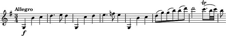 
\relative c' {
  \version "2.18.2"
  \tempo "Allegro"
  \key g \major
  \time 3/4
  \tempo 4 = 130
  g4\f b' c |
  d4. e8 d4 |
  g,,4 c' d |
  e4. f8 e4 |
  g,,4 b' c |
  d8( g) g( b) b( d) |
  d2 c8.\trill( b32 c32) | 
  b8
}
