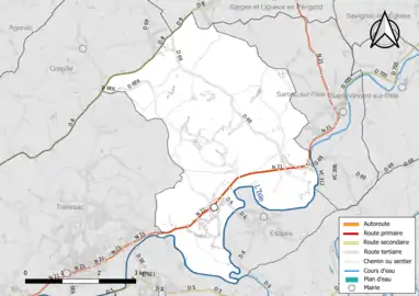 Carte en couleur présentant le réseau hydrographique de la commune
