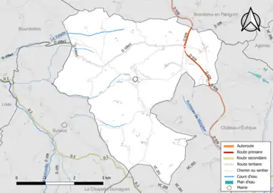 Carte en couleur présentant le réseau hydrographique de la commune