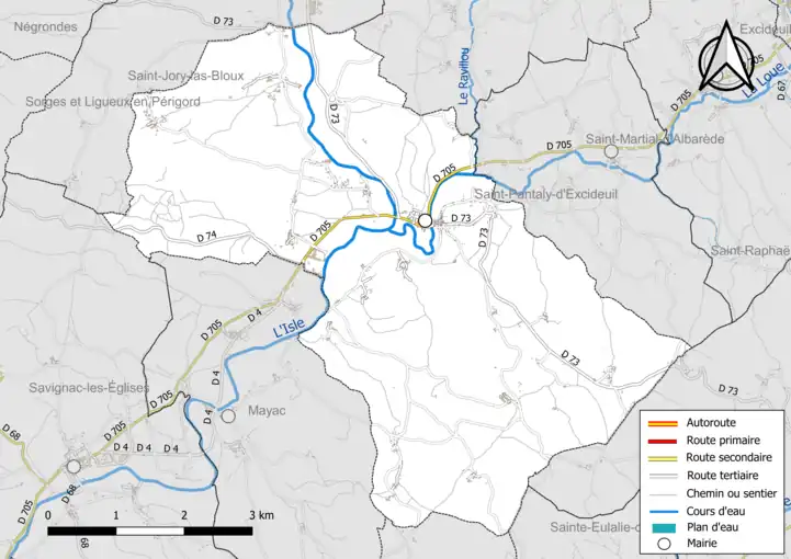 Carte en couleur présentant le réseau hydrographique de la commune