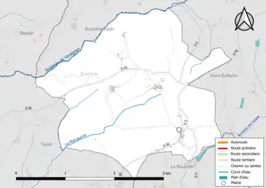 Carte en couleur présentant le réseau hydrographique de la commune