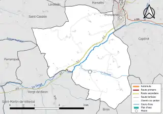Carte en couleur présentant le réseau hydrographique de la commune