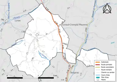Carte en couleur présentant le réseau hydrographique de la commune