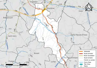 Carte en couleur présentant le réseau hydrographique de la commune