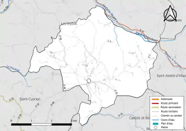 Carte en couleur présentant le réseau hydrographique de la commune