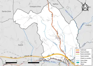 Carte en couleur présentant le réseau hydrographique de la commune