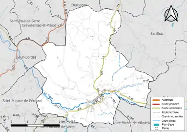 Carte en couleur présentant le réseau hydrographique de la commune