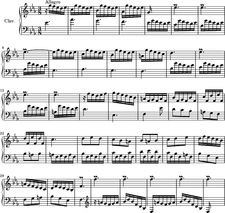 
\version "2.18.2"
\header {
  tagline = ##f
  % composer = "Domenico Scarlatti"
  % opus = "K. 307"
  % meter = "Allegro"
}

%% les petites notes
trillEesp     = { \tag #'print { ees4.\prall } \tag #'midi { f32 ees f ees~ ees4 } }
trillEespL    = { \tag #'print { ees4.\prall~ } \tag #'midi { f32 ees f ees~ ees4~ } }
trillEespUp   = { \tag #'print { ees'4.\prall } \tag #'midi { f32 ees f ees~ ees4 } }
trillFpUp     = { \tag #'print { f'4.\prall } \tag #'midi { g32 f g f~ f4 } }

upper = \relative c'' {
  \clef treble 
  \key ees \major
  \time 3/8
  \tempo 4. = 72
  \set Staff.midiInstrument = #"harpsichord"
  \override TupletBracket.bracket-visibility = ##f

      s8*0^\markup{Allegro}
      r16 g'16 f ees d ees | c16 g' f ees d ees | bes g' f ees d ees | aes, g' f ees d ees | g,16 s16 s4 |
      % ms. 6
      \trillEespUp  \trillEesp  \trillEespL | ees16 g16 f ees d ees | c16 g' f ees d ees | bes g' f ees d ees |
      % ms. 12
       a, g' f ees d c | d4. | \repeat unfold 3 { \trillEesp } | r16 f16 ees d ees f |
      % ms. 18
      g16 f ees d c bes | a16 f g f a f | bes f g f bes f | c' f, \repeat unfold 2 { d' f, ees' f, } d' f, | c'4. |
      % ms. 24
      d8 ees d | c bes a | bes a bes | c d ees | d16 f ees d c bes | a g f ees d c | 
      % ms. 30
      d f ees d c bes | \trillFpUp | \repeat unfold 5 { \trillFpUp }

}

lower = \relative c' {
  \clef bass
  \key ees \major
  \time 3/8
  \set Staff.midiInstrument = #"harpsichord"
  \override TupletBracket.bracket-visibility = ##f

    % ************************************** \appoggiatura a16  \repeat unfold 2 {  } \times 2/3 { }   \omit TupletNumber 
      ees4. | aes | g | f | ees16 g f ees d ees |
      % ms. 6
      c16 g' f ees d ees | bes g' f ees d ees | aes, g' f ees d ees | g,4. | aes | g |
      % ms. 12
      f4. | bes16 g' f ees d ees | c g' f ees d ees | bes g' f ees d ees | a, g' f ees d ees | d4. |
      % ms. 18
      ees,4. | f4 ees'8 | d c bes | a g f | bes a bes | a16 f g f a f | 
      % ms. 24
      bes16 f g f bes f | c' f, g f c' f, | d' f, ees' f, d' f, | c' f, bes f a f | bes8 g ees | f g a |
      % ms. 30
      bes8 g ees | f4. |   \clef treble  r16 \repeat unfold 2 { a'16 g f g a | bes d bes f d bes f } |

}

thePianoStaff = \new PianoStaff <<
    \set PianoStaff.instrumentName = #"Clav."
    \new Staff = "upper" \upper
    \new Staff = "lower" \lower
  >>

\score {
  \keepWithTag #'print \thePianoStaff
  \layout {
      #(layout-set-staff-size 17)
    \context {
      \Score
     \override SpacingSpanner.common-shortest-duration = #(ly:make-moment 1/2)
      \remove "Metronome_mark_engraver"
    }
  }
}

\score {
  \keepWithTag #'midi \thePianoStaff
  \midi { }
}
