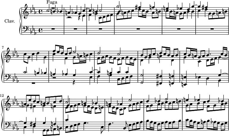 \version "2.18.2"
\header {
tagline = ##f
}
dux = { c2 b4 bes | a4 aes g c~ | c b }
comes = { g2 fis4 f | e ees d g~ | g fis }
contraSubCourt = { ees4 | f g c,8 d ees f }
%% les petites notes
trillFqq = { \tag #'print { f8\prall } \tag #'midi { \times 2/3 { g32 f g } f16 } }
upper = \relative c'' {
\clef treble
\key c \minor
\time 4/4
\tempo 4 = 92
\set Staff.midiInstrument = #"harpsichord"
s8*0^\markup{Fuga} << { \dux c2 | \relative c''' \comes } \\ { s1*3 \stemUp \shiftOn bes4 } \\ { \stemDown R1 c,2\rest c4\rest \contraSubCourt | g8 a bes c d c16 bes a8 b | c8 bes16 a g8 a bes4 bes | c d g,8 g a b | c g c4 d g, } >>
% ms. 8
<< { f'8 ees16 d c8 d ees2 | d c | bes8 g bes c d c16 bes a8 bes } \\ { c4 f, g8 a16 b c4 | f,8 g16 aes g8 f ees f g f16 ees | d4 g a d, } >>
% ms. 11
<< { c'8 bes16 a g8 a bes4. c16 bes | a8 ees' d c b b c d | c2 b4 bes | a4 aes ees'2 | d4 des f2 | e4 ees d des } \\ { s1 s1 \stemUp \shiftOn g,4 } \\ { \stemDown g4 c, d8 ees16 f g4_~ | g fis g f | ees8 f g aes g f16 ees d8 e | f ees16 d c8 d g aes bes c | f,g aes bes c bes c d | g, aes bes c f,g aes bes } >>
}
lower = \relative c' {
\clef bass
\key c \minor
\time 4/4
\set Staff.midiInstrument = #"harpsichord"
% **************************************
R1*6 | << { \dux c4 c } \\ { R1 d,2\rest r4 \contraSubCourt } >> < g, g' >2 < fis fis' >4 < f f' >
% ms. 11
< e e' >4 ees' d << { g4~ | g fis g f c' } \\ { bes,4 | c d g,8 g a b | c d ees f g4. c,8 } >>
% ms. 14
f4. bes,8 ees f g aes | bes aes16 g f8 g aes g aes bes | c bes16 aes g8 a bes aes16 g f8 g |
}
thePianoStaff = \new PianoStaff <<
\set PianoStaff.instrumentName = #"Clav."
\new Staff = "upper" \upper
\new Staff = "lower" \lower
>>
\score {
\keepWithTag #'print \thePianoStaff
\layout {
#(layout-set-staff-size 17)
\context {
\Score
\override SpacingSpanner.common-shortest-duration = #(ly:make-moment 1/2)
\remove "Metronome_mark_engraver"
}
}
}
\score {
\keepWithTag #'midi \thePianoStaff
\midi { }
}