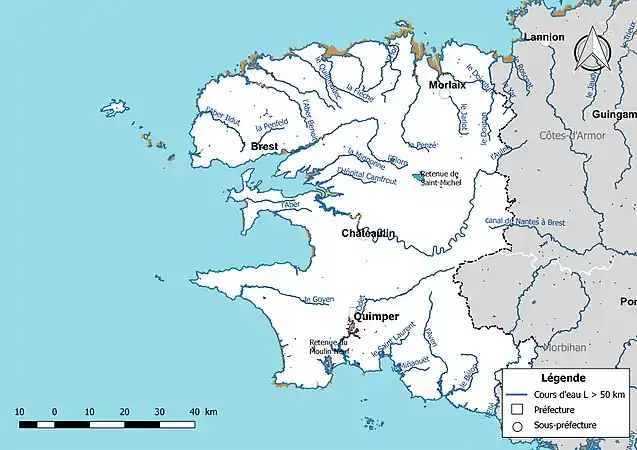 Carte des cours d'eau de longueur supérieure à 50&nbsp;km du Finistère.