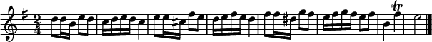
\version "2.18.2"
\header {
  tagline = ##f
}

\score {
  \new Staff \with {

  }
<<
  \relative c'' {
    \key g \major
    \time 2/4
    \override TupletBracket #'bracket-visibility = ##f 

     %%%%
     d8 d16 b e8 d c16 d e d c4 e8 e16 cis fis8 e d16 e fis e d4 fis8 fis16 dis g8 fis e16 fis g fis e8 fis b,4 fis'\trill e2 \bar "|."

  }
>>
  \layout {
    indent = #0
    %#(layout-set-staff-size 17)
     \context { \Score \remove "Metronome_mark_engraver" 
     \override SpacingSpanner.common-shortest-duration = #(ly:make-moment 1/2)
     }
  }
  \midi {}
}
