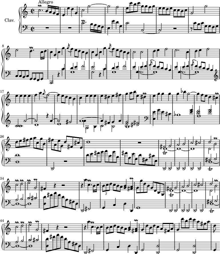 
\version "2.18.2"
\header {
  tagline = ##f
  % composer = "Domenico Scarlatti"
  % opus = "K. 549"
  % meter = "Allegro"
}

%% les petites notes
trillCbp      = { \tag #'print { c2.\prall } \tag #'midi { c8 \times 2/3 { d16 c d c d c~ } c8~ c4 } }
trillDp       = { \tag #'print { d4.\prall } \tag #'midi { \times 2/3 { e16 d e } d8~ d8 } }
trillDis      = { \tag #'print { dis4\prall } \tag #'midi { \times 2/3 { e16 dis e } dis8 } }
trillCis      = { \tag #'print { cis4\prall } \tag #'midi { \times 2/3 { d16 cis d } cis8 } }
trillDr       = { \tag #'print { d,1\trill~ d~ d } \tag #'midi { c8 \repeat unfold 11 { \times 2/3 { d16 c d c d c~ } } c8 } }
trillBbUp     = { \tag #'print { b'2\prall } \tag #'midi { b8 \times 2/3 { c16 b c b c b~ } b8 } }
trillCb       = { \tag #'print { c2\prall } \tag #'midi { c8 \times 2/3 { d16 c d c d c~ } c8 } }
trillCpDown   = { \tag #'print { c,4.\prall } \tag #'midi { \times 2/3 { d16 c d c d c~ } c8 } }
trillDb       = { \tag #'print { d2\prall } \tag #'midi { d8 \times 2/3 { e16 d e d e d~ } d8 } }
trillEb       = { \tag #'print { e2\prall } \tag #'midi { e8 \times 2/3 { f16 e f e f e~ } e8 } }
trillGbDown   = { \tag #'print { g,2\prall } \tag #'midi { g8 \times 2/3 { a16 g a g a g~ } g8 } }
trillFisA     = { \tag #'print { < fis a >4\prall } \tag #'midi { << { \times 2/3 { b16 a b } a8 } \\ { fis4 } >> } }

upper = \relative c'' {
  \clef treble 
  \key c \major
  \time 2/2
  \tempo 2 = 76
  \set Staff.midiInstrument = #"harpsichord"
  \override TupletBracket.bracket-visibility = ##f

      s8*0^\markup{Allegro}
      \trillCbp b16 a g f | e4 e' d g, | c2 g'2~ | g f |
      % ms. 5
      e8 c' b c g g f g | e e d e c c b c | g2 g' | e \trillDp c16 d |
      % ms. 9
      \repeat unfold 2 { c4 g c g' | \acciaccatura g8 f4 e8 d c4 b } | c2 c |
      % ms. 14
      d4 e f2 | e2. c4 | d e f2 | e4 e e e | f a \appoggiatura g8 f2~ |
      % ms. 19
      f4 e8 d c4 b | c e e e | e dis e fis | g a8 b e,4 \trillDis | e4 g g g |
      % ms. 24
      g4 bes g2~ | g4 f8 e d4 \trillCis | d8 e fis g a c, g' b, | fis' a, e' g, d' fis, cis' e, | d'1 |
      % ms. 29
      R1 | << { fis,2 g | a b | c cis | d } \\ { \trillDr | d2 } >> \trillBbUp | \trillCb \trillDb 
      % ms. 35
      \trillEb \trillGbDown | fis4 r4 r2| r4 a'4 \trillCpDown b16 c | \times 2/3 { b8[ c d] } \omit TupletNumber \times 2/3 { c b a } < g b >4 \trillFisA | g8 g' d b g d b g |
      % ms. 40 
      << { fis'2 g | a b | c cis | d } \\ { \trillDr | d2 } >> \trillBbUp | \trillCb \trillDb 
      % ms. 35
      \trillEb \trillGbDown | fis4 r4 r2| r4 a'4 \trillCpDown b16 c | \times 2/3 { b8[ c d] } \times 2/3 { c b a } < g b >4 \trillFisA | g4 \times 2/3 { d'8[ b d] } c4 \times 2/3 { a8[ fis a] } | g4  \times 2/3 { d''8[ b d] } c4 \times 2/3 { a8[ fis a] } 
      % ms. 51
      d,8

}

lower = \relative c' {
  \clef bass
  \key c \major
  \time 2/2
  \set Staff.midiInstrument = #"harpsichord"
  \override TupletBracket.bracket-visibility = ##f

    % ************************************** \appoggiatura a16  \repeat unfold 2 {  } \times 2/3 { }   \omit TupletNumber 
      R1*2 | \trillCbp b16 a g f | e4 e' d g, |
      % ms. 5
      c2 c,~ | c r2 | r8 c'8 b c g g f g | c, c b c g g f g |
      % ms. 9
      c,2 r4 << { c''4 | d e f2 | e2 } \\ { c4 | g1 | g2 } >> r4 << { c4 | d e f2 } \\ { c4 | g1 } >>
      % ms. 13
      \repeat unfold 2 { << { e'4 g, e' f | \acciaccatura g8 f4 e8 d c4 b } \\ { s4 g2.~ | g1 } >> }   \clef treble |
      << { c2 a'~ | a r4 a4~ | a2 gis | a1~ | a4 fis g a | < e g >2 < dis fis > } \\ { c1 | d | e | a4 a,2 b4 | c2 b | b1 } >>   \clef bass |
      < e, e' >4 g' e cis |
      % ms. 19
      << { s2. < e g >4 | < d f >2 < e g > } \\ { bes1 | a } >> | < d, d' >1 | d,2 r2 |
      % ms. 24
      d''8 e fis g a c, g' b, |
      % ms. 29
      fis' a, e' g, d' fis, cis' e, | \repeat unfold 6 { d,2 } | << { fis'2 g | a b | c cis } \\ { \trillDr } >>
      % ms. 36
      < d d' >8 fis' a fis d a fis d | d,2 fis | g4 c d d, | g1 |
      % ms. 40
      \repeat unfold 6 { d2 } | << { fis'2 g | a b | c cis } \\ { \trillDr } >>
      % ms. 47
      < d d' >8 fis' a fis d a fis d | d,2 fis | g4 c d d, | \repeat unfold 2 { g2 < d d' > } |
      % ms. 51
      g4

}

thePianoStaff = \new PianoStaff <<
    \set PianoStaff.instrumentName = #"Clav."
    \new Staff = "upper" \upper
    \new Staff = "lower" \lower
  >>

\score {
  \keepWithTag #'print \thePianoStaff
  \layout {
      #(layout-set-staff-size 17)
    \context {
      \Score
     \override SpacingSpanner.common-shortest-duration = #(ly:make-moment 1/2)
      \remove "Metronome_mark_engraver"
    }
  }
}

\score {
  \keepWithTag #'midi \thePianoStaff
  \midi { }
}

