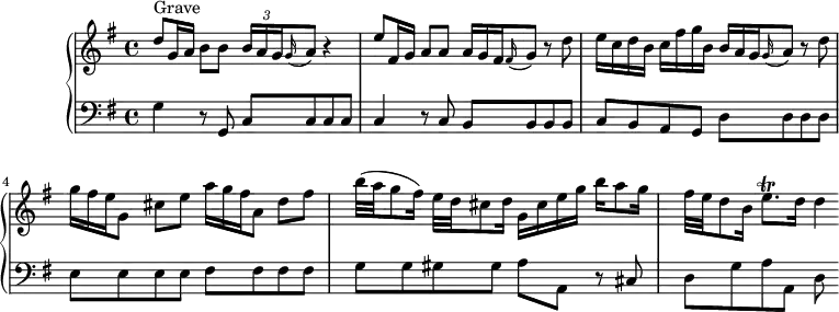 
\version "2.18.2"
\header {
  tagline = ##f
  % composer = "Domenico Scarlatti"
  % opus = "K. 91"
  % meter = "Grave – Allegro"
}

%% les petites notes
trillEqp     = { \tag #'print { e8.\trill } \tag #'midi { \times 2/3 { fis32 e fis } e8 } }

upper = \relative c'' {
  \clef treble 
  \key g \major
  \time 4/4
  \tempo 4 = 52
  \set Staff.midiInstrument = #"oboe"

      s8*0^\markup{Grave}
      d8-\tweak stencil ##f \f g,16 a b8 b \times 2/3 { b16 a g } \appoggiatura g16 a8 r4 |
      e'8 fis,16 g a8 a  \omit TupletNumber  \times 2/3 { a16 g fis } \appoggiatura fis16 g8 r8 d'8 |
      e16 c d b c fis g b,  \times 2/3 { b16 a g } \appoggiatura g16 a8 r8 d8 |
      % ms. 5
      \times 2/3 { g16 fis e } g,8 cis e \times 2/3 { a16 g fis } a,8 d fis | b32( a g8 fis16) e32 d cis8 d16 g, cis e g b a8 g16 |
      fis32 e d8 b16 \trillEqp d16 d4*1/2

}

lower = \relative c' {
  \clef bass
  \key g \major
  \time 4/4
  \set Staff.midiInstrument = #"harpsichord"

    % ************************************** \appoggiatura a16  \repeat unfold 2 {  } \times 2/3 { }   \omit TupletNumber 
      g4-\tweak stencil ##f \p r8 g,8 | c c c c | c4 r8 c8 b b b b | c b a g d' d d d |
      % ms. 5
      e8 e e e fis fis fis fis | g g gis gis a a, r8 cis8 | d g a a, d

}

thePianoStaff = \new PianoStaff <<
    \set PianoStaff.instrumentName = #""
    \new Staff = "upper" \upper
    \new Staff = "lower" \lower
  >>

\score {
  \keepWithTag #'print \thePianoStaff
  \layout {
      #(layout-set-staff-size 17)
    \context {
      \Score
     \override TupletBracket.bracket-visibility = ##f
     \override SpacingSpanner.common-shortest-duration = #(ly:make-moment 1/2)
      \remove "Metronome_mark_engraver"
    }
  }
}

\score {
  \keepWithTag #'midi \thePianoStaff
  \midi { }
}
