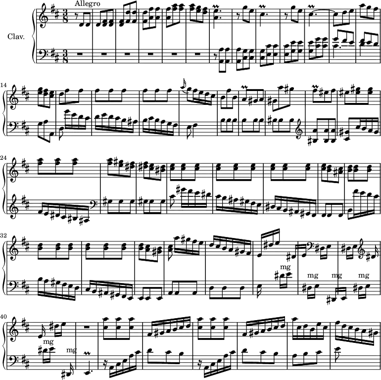 
\version "2.18.2"
\header {
  tagline = ##f
}

%% les petites notes
trillAEp     = { \tag #'print { < a e' >4.\prall } \tag #'midi { << { fis32 e fis e~ e8~ e8 }  \\ { a4. } >> } }
trillCis     = { \tag #'print { cis4.\prall~ } \tag #'midi { d32 cis d cis~ cis8~ cis8~ } }
trillAq      = { \tag #'print { a8\prall } \tag #'midi { b32 a b a } }
trillFisq    = { \tag #'print { fis8\prall } \tag #'midi { gis32 fis gis fis } }
trillE       = { \tag #'print { e4.\prall } \tag #'midi { fis32 e fis e  fis e fis e~  \tempo 4. = 30 e8 } }

upper = \relative c'' {
  \clef treble 
  \key d \major
  \time 3/8
  \tempo 4. = 88
  \set Staff.midiInstrument = #"harpsichord"

     s8*0^\markup{Allegro}
     r8 d,8 d | d < d fis >8 q | q < fis d' >8 q | q < a fis' > q | q < fis' a >8 q | q < e g >8 < d fis > | \trillAEp |
     \repeat unfold 2 { r8 g'8 e |
     % ms. 9
     \trillCis } | cis8 d e | a g fis | < e g >8 < d fis > < cis e > | d8 \repeat unfold 4 { fis8 fis } |
     % ms. 18
     \appoggiatura a16 g8 fis16 e d cis | b8 fis' b, | \trillAq gis8 a | gis a' gis | \trillFisq eis8 fis | eis8 < eis gis > q |
     % ms. 24
     < fis a >8 q q | < fis a >8 < e gis > < dis fis > | q < cis e > < bis dis > | \repeat unfold 10 { < cis e >8 } < b d >8 < ais cis > |
     % ms. 31
     \repeat unfold 10 { < b d >8 } < a cis > < gis b > | < a cis >8 a'16[ gis fis e] | d cis b a gis fis | e dis' e s8 dis,16[ e] |
     % ms. 38 suite
     s8 \clef bass dis,16 e s8 dis16 e s8   \clef treble  dis'16 e s8 dis'16 e s16 | R4. | \repeat unfold 2 { < cis a' >8 q q | fis,16 gis a b cis d } | a'16 cis, d b e cis | fis d cis b a gis | 

}

lower = \relative c' {
  \clef bass
  \key d \major
  \time 3/8
  \set Staff.midiInstrument = #"harpsichord"

    % **************************************
     R4.*6 | r8 < a, a' >8 q | q < cis g' >8 q |
     % ms. 9
     q < e cis' >8 q | q < g e' > q | q < cis g' >8 q | << { g'8 fis e | fis e d } \\ { cis4. d4 } >> | g,8 a a, | d8 g'16[ e d cis] | d e d cis b ais |
     % ms. 17
     b16 cis b a g fis | e8 fis4 | b8 b b | b b b | bis bis bis |   \clef treble < bis a' > q q | < cis gis' > cis'16 b a gis
     % ms. 24
     fis16 e dis cis bis ais |   \clef bass gis8 gis gis | gis gis gis | cis8 gis'16[ fis e dis] | cis b ais gis fis e | dis cis b ais gis fis | fis8 fis fis |
     % ms. 31
     b8 fis''16 e d cis | b a gis fis e d | cis b ais gis fis e | e8 e e | a a a | d d d | e16 s8 dis'16^\markup{mg}[ e] s8 |
     % ms. 38
     dis,16[^\markup{mg} e] s8 dis,16[^\markup{mg} e] s8 dis'16[^\markup{mg} e] s8 dis'16[^\markup{mg} e] s8 dis,,16^\markup{mg} |   \tempo 4. = 78 \trillE
     % ms. 42
       \tempo 4. = 88 \repeat unfold 2 { r16 a16 cis e a cis | d8 cis b } | a8 b cis | e

}

thePianoStaff = \new PianoStaff <<
    \set PianoStaff.instrumentName = #"Clav."
    \new Staff = "upper" \upper
    \new Staff = "lower" \lower
  >>

\score {
  \keepWithTag #'print \thePianoStaff
  \layout {
      #(layout-set-staff-size 17)
    \context {
      \Score
     \override SpacingSpanner.common-shortest-duration = #(ly:make-moment 1/2)
      \remove "Metronome_mark_engraver"
    }
  }
}

\score {
  \keepWithTag #'midi \thePianoStaff
  \midi { }
}
