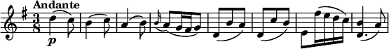 
\relative c'' {
    \version "2.18.2"
    \key g \major
    \numericTimeSignature
    \time 3/8
    \tempo "Andante" 
    \tempo 4 = 70
    d4\p^ (c8)
    b4 (c8)
    a4 (b8)
    \grace b16 (a8) (g16 fis g8)
    d (b' a)
    d, (c' b)
    e, fis'16 (e d c)
    <<\relative {b'4 (a8) }\relative {d'4.}>>
  }
